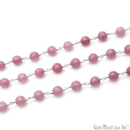 Dark Pink Jade 8mm Silver Plated Round Faceted Rosary Chain