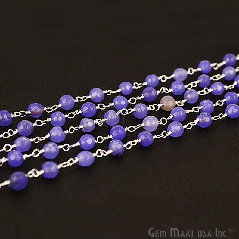 Tanzanite Beads 4mm Silver Plated Wire Wrapped Rosary Chain - GemMartUSA