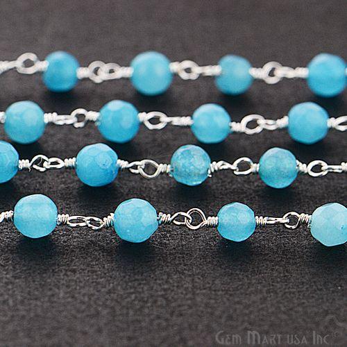 Sky Blue Jade Beads Silver Plated Wire Wrapped Rosary Chain (763861991471)