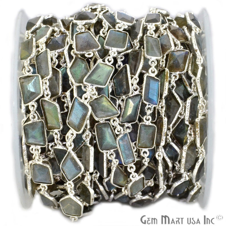 Labradorite 10-12mm Mix Shape Silver Bezel Continuous Connector Chain - GemmartUSA