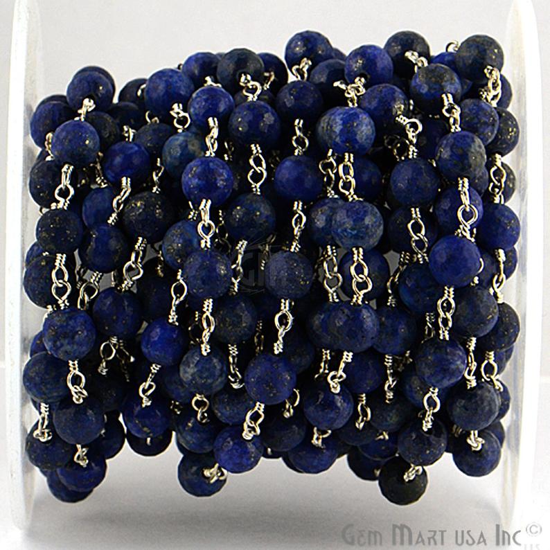 Lapis Jade Faceted Beads 8mm Silver Plated Wire Wrapped Rosary Chain - GemMartUSA