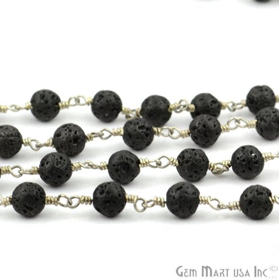 Lava Gemstone beads Round Shape Silver Plated Link Rosary Chain - GemMartUSA