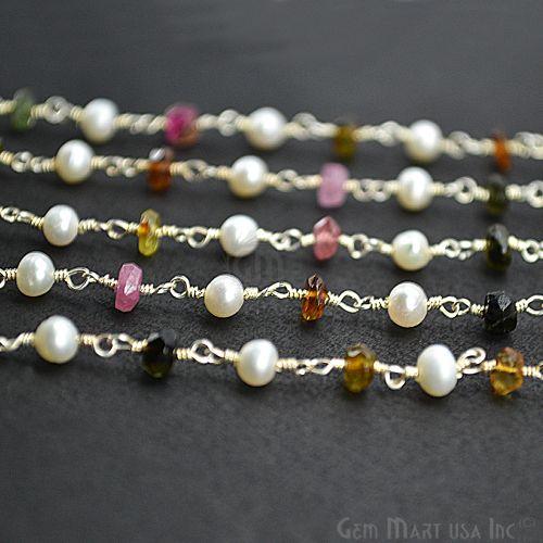 Multi Tourmaline With Pearl Gemstone Beaded Silver Wire Wrapped Rosary Chain