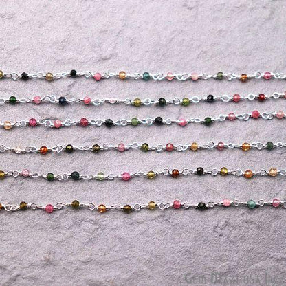 Multi Tourmaline Gemstone Beaded Silver Plated Wire Wrapped Rosary Chain