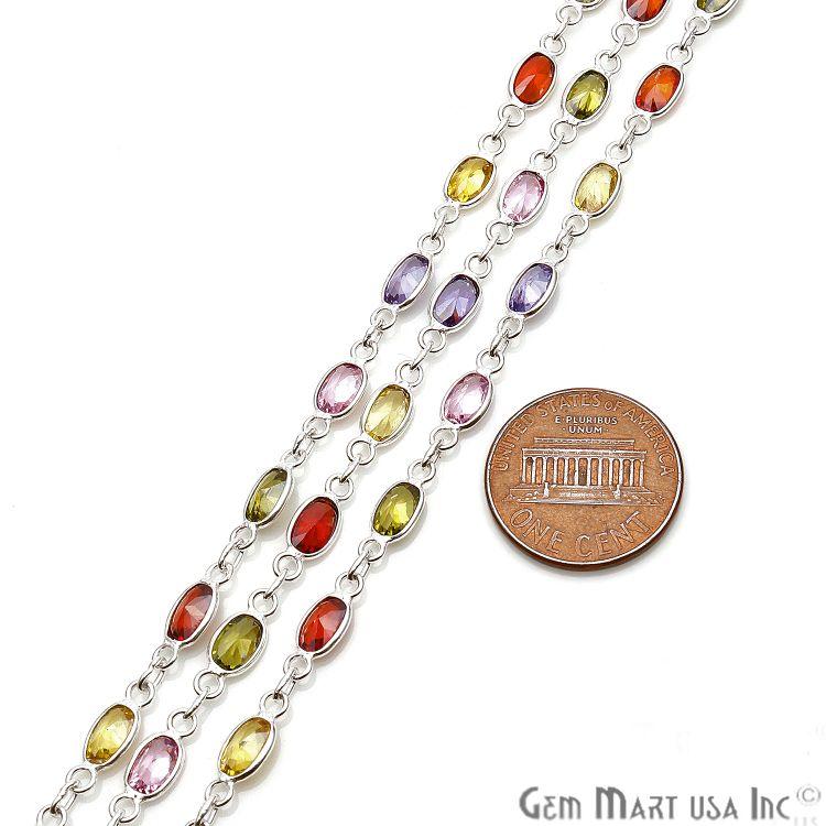 Multi Color Zircon Oval 6x4mm Silver Plated Continuous Connector Chain (763999322159)
