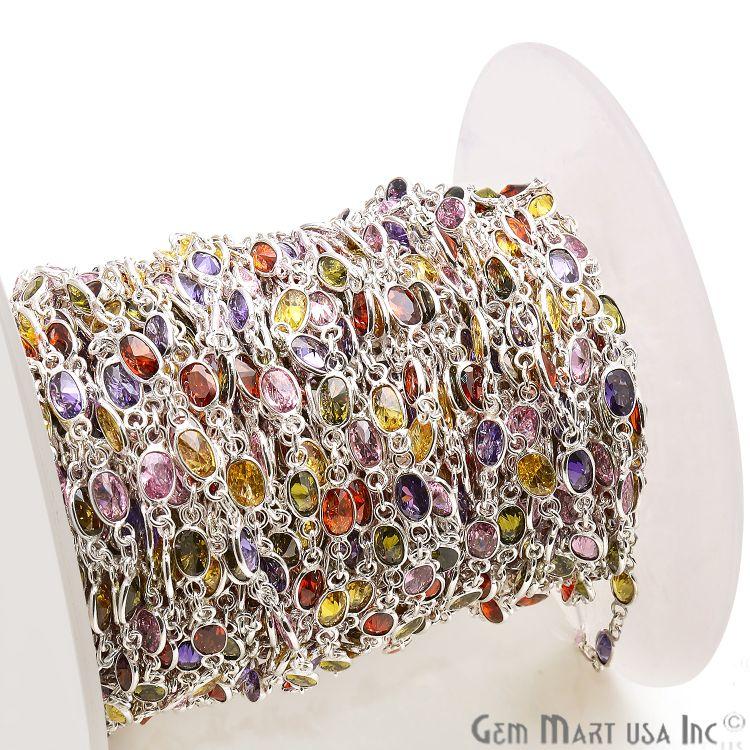 Multi Color Zircon Oval 6x4mm Silver Plated Continuous Connector Chain (763999322159)