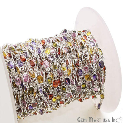 Multi Color Zircon Oval 6x4mm Silver Plated Continuous Connector Chain (763999322159)