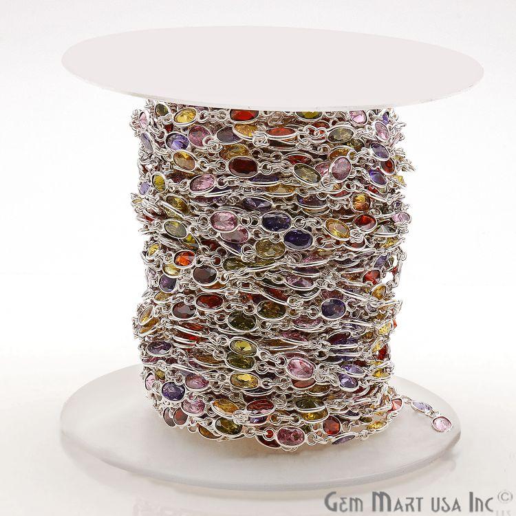 Multi Color Zircon Oval 6x4mm Silver Plated Continuous Connector Chain (763999322159)