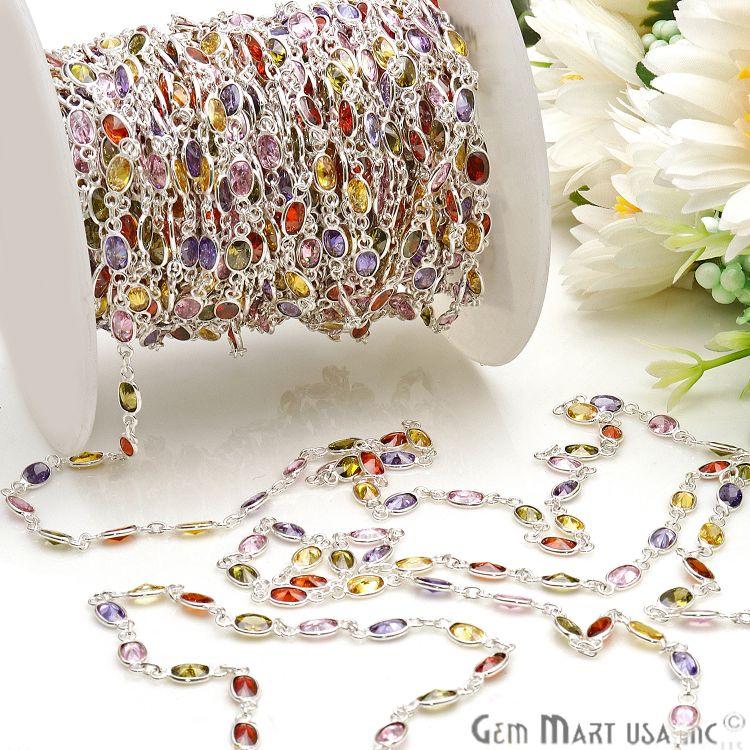 Multi Color Zircon Oval 6x4mm Silver Plated Continuous Connector Chain (763999322159)