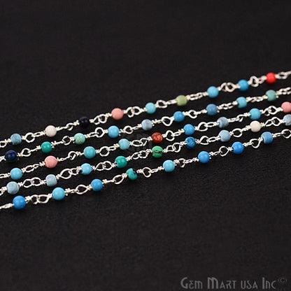 Multi Color Smooth Beads 2-2.5mm Silver Plated Wire Wrapped Rosary Chain