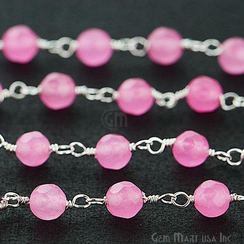 Baby Pink Jade Beads Silver Plated Wire Wrapped Rosary Chain (763961606191)