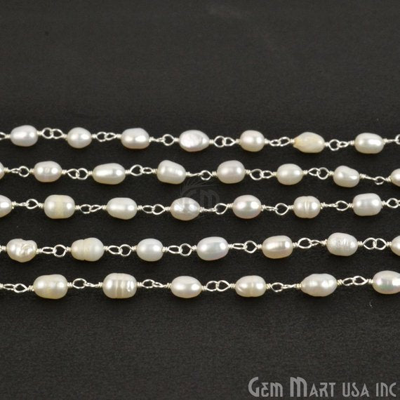 White Pearl Gemstone Silver Plated Wire Wrapped Bead Fancy Rosary Chain - GemMartUSA