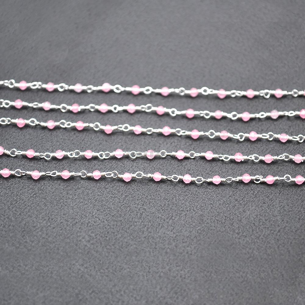 Rose Chalcedony Silver Plated Wire Wrapped Gemstone Beads Rosary Chain (763969339439)