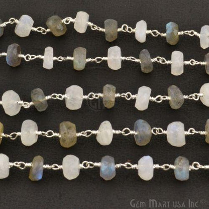 Rainbow & Labradorite 7-8mm Sterling Silver Rondelle Beads Rosary Chain