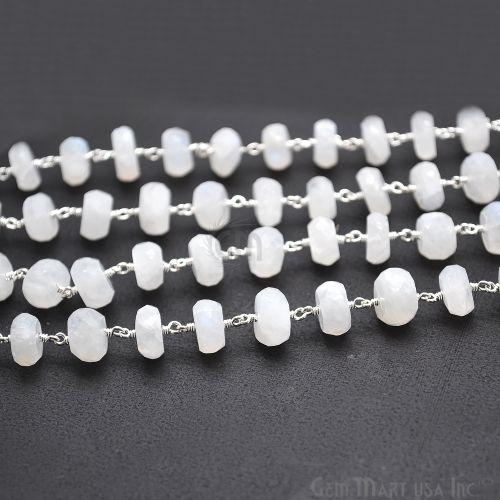 Rainbow Moonstone 9-10mm Silver Plated Wire Wrapped Beads Rosary Chain (763703656495)