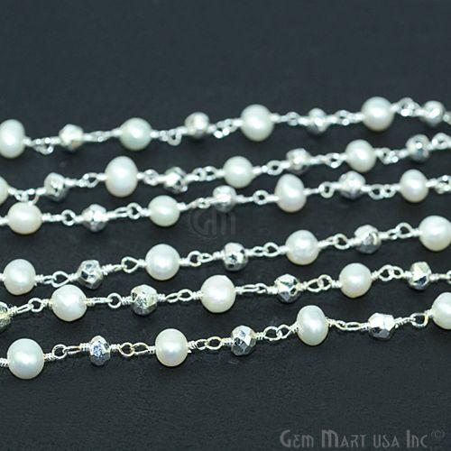 Silver Pyrite With Pearl Silver Plated Wire Wrapped Beads Rosary Chain