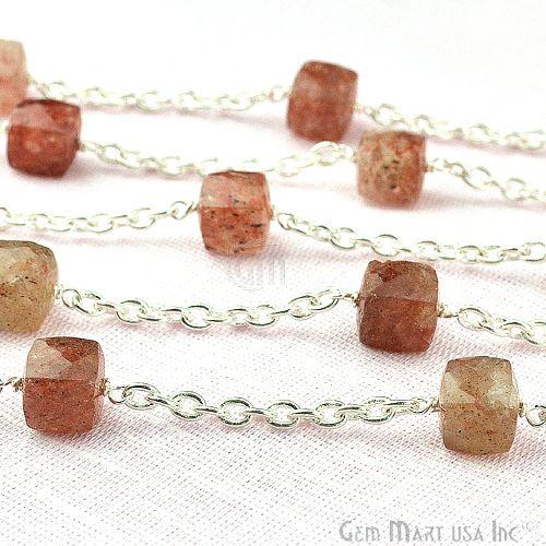 Strawberry Quartz Beads Chain, Silver Plated Wire Wrapped Rosary Chain (763696513071)