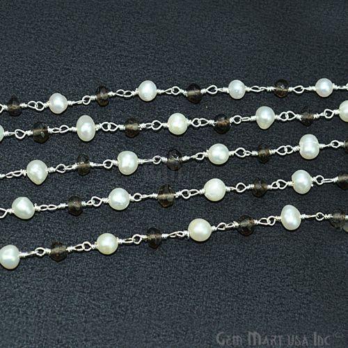 Smoky Topaz With Pearl Silver Plated Wire Wrapped Beads Rosary Chain