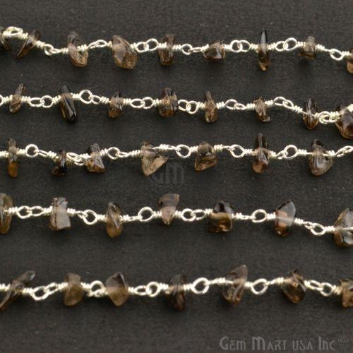 Smoky Topaz Beads Chain, Silver Plated Wire Wrapped Rosary Chain (763707228207)