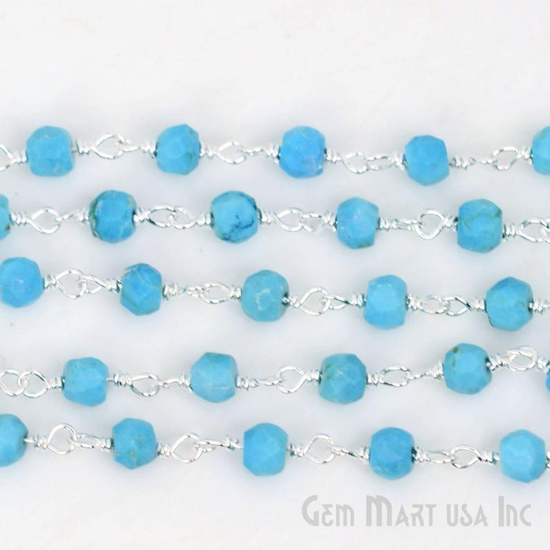 Turquoise Beads 4mm Sterling Silver Wire Wrapped Rosary Chain - GemMartUSA