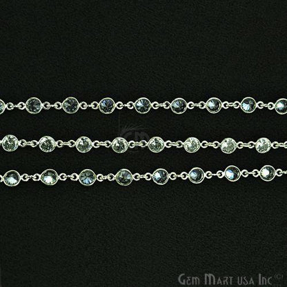 White Zircon 5mm Round Silver Plated Bezel Continuous Connector Chain