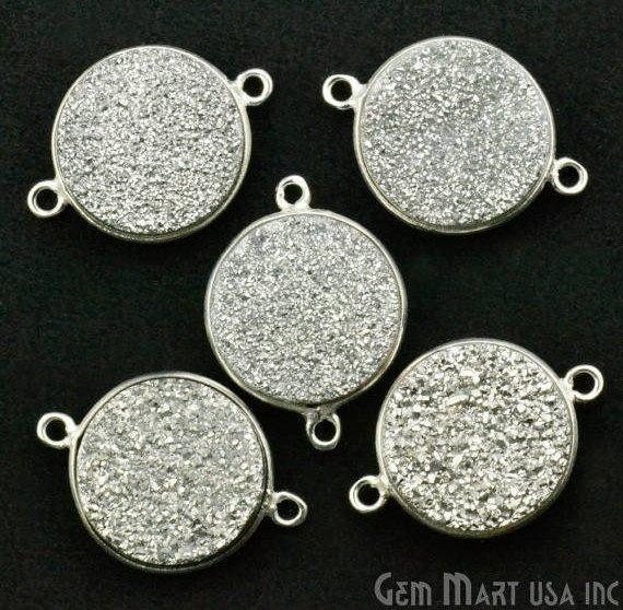 Natural Titanium Druzy 14mm Round Silver Double Bail Gemstone Connector