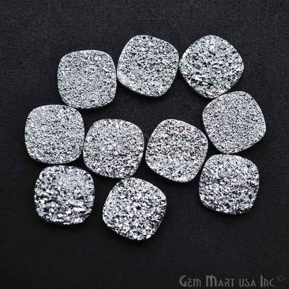 Silver Druzy, Druzy Cabochon, 14mm Cushion Shaped Druzy, Cabochon, Loose Druzy Stone (SZ-80003) - GemMartUSA