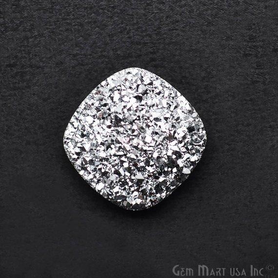 Silver Druzy, Druzy Cabochon, 14mm Cushion Shaped Druzy, Cabochon, Loose Druzy Stone (SZ-80003) - GemMartUSA