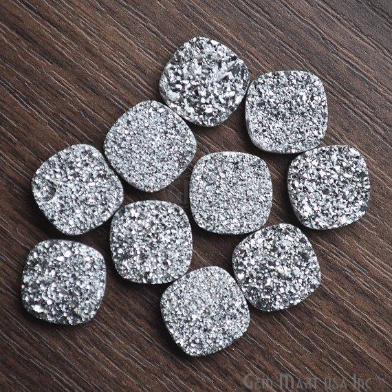 Silver Druzy, Druzy Cabochon, 14mm Cushion Shaped Druzy, Cabochon, Loose Druzy Stone (SZ-80003) - GemMartUSA