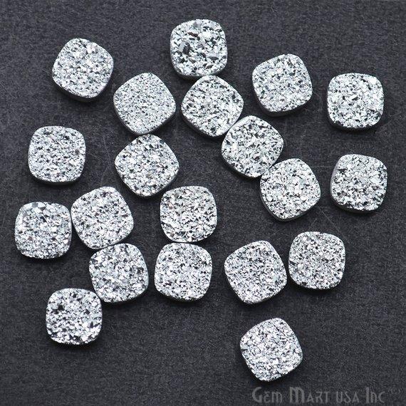 Silver Druzy, Druzy Cabochon, 8mm Cushion Shaped Druzy, Cabochon, Loose Druzy Stone (SZ-80036) - GemmartUSA