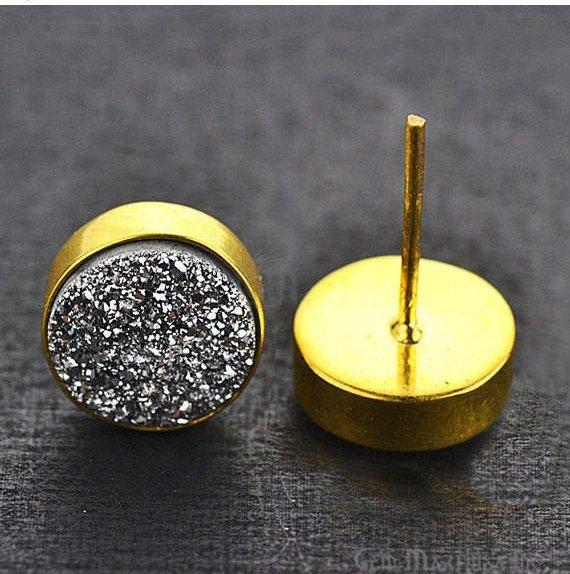 Round Shape 10mm Gold Plated Druzy Stud Earrings 1 Pair (Pick your Gemstone) - GemMartUSA