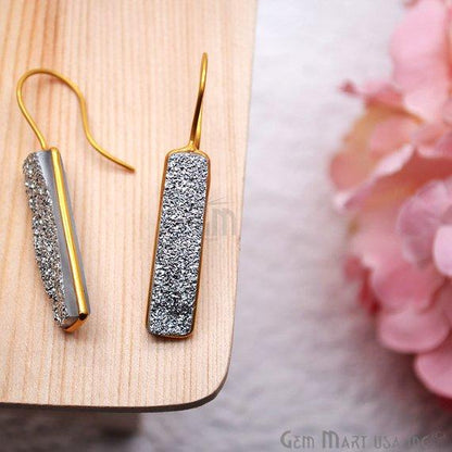 Silver Druzy Rectangle Shape 30x8mm Gold Hook Dangle Earring 1Pair - GemMartUSA