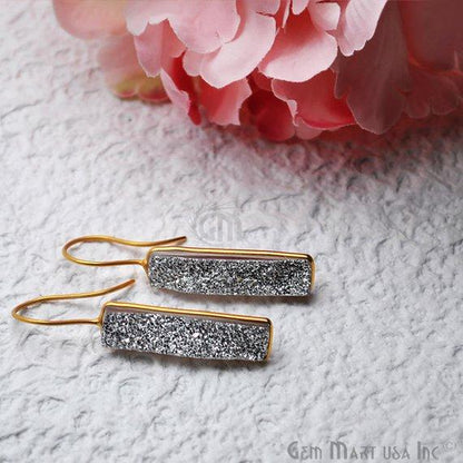 Silver Druzy Rectangle Shape 30x8mm Gold Hook Dangle Earring 1Pair - GemMartUSA