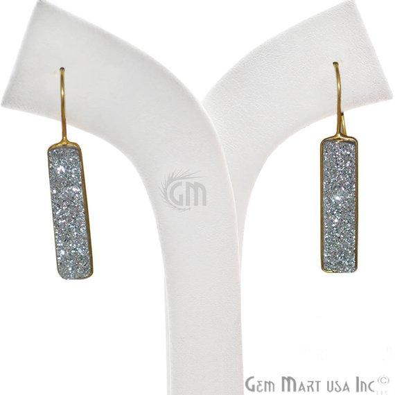 Silver Druzy Rectangle Shape 30x8mm Gold Hook Dangle Earring 1Pair - GemMartUSA