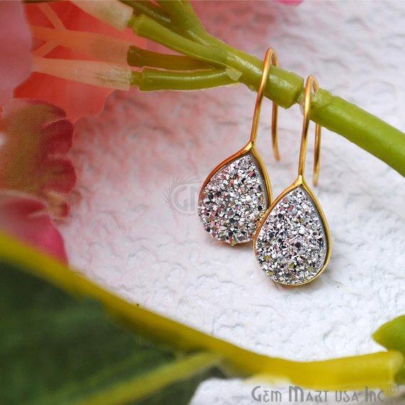 Druzy Earring 15x12mm Pears Gold Plated Gemstone Dangle Hook Earring Choose Your Style - GemMartUSA