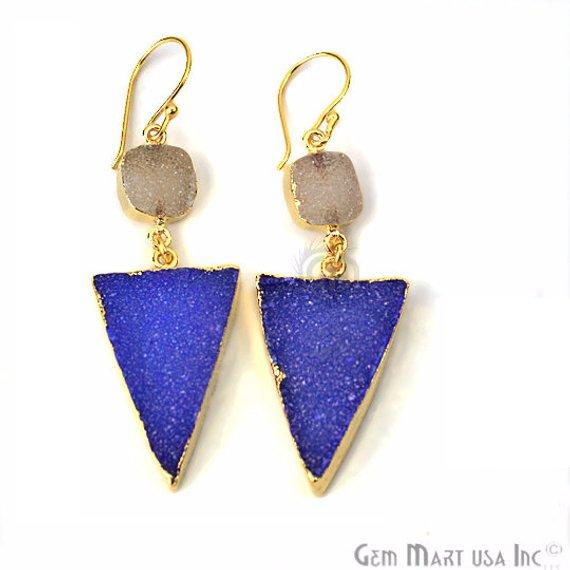 Double Druzy 62x20mm Gold Plated Dangle Hook Earrings (Pick your Gemstone) (90128-1) - GemMartUSA