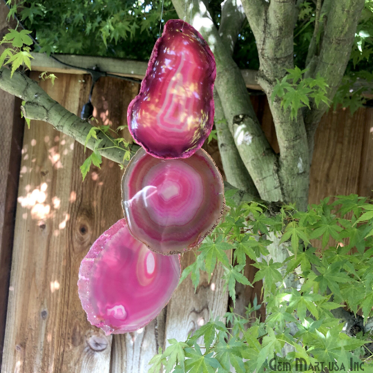 Pink Agate Slice Wind Chime, Natural Gemstone Wind Chime, Garden Décor, Home Décor, Melodic Tones