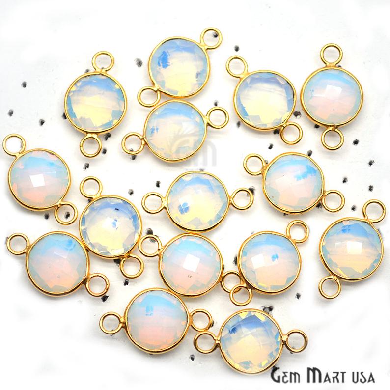 White Opal 12mm Round Gold Plated Bezel Double Bail Gemstone Connector - GemMartUSA