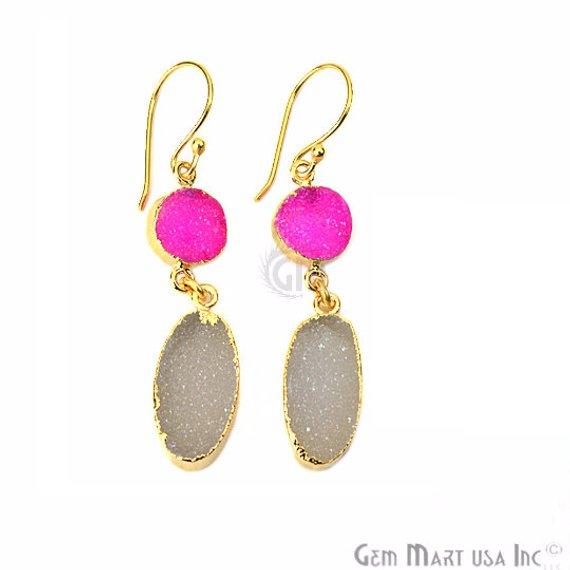 Double Druzy 52x10mm Gold Plated Dangle Hook Earrings (Pick your Gemstone) (90138-1) - GemMartUSA