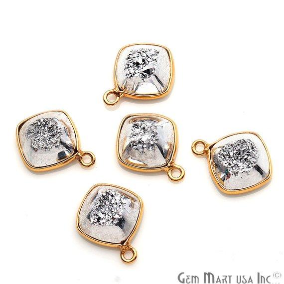 Window Druzy 10mm Cushion Shape Bezel Cave Druzy Gemstone Connector (Pick Your Color, Bail, Plating) - GemMartUSA
