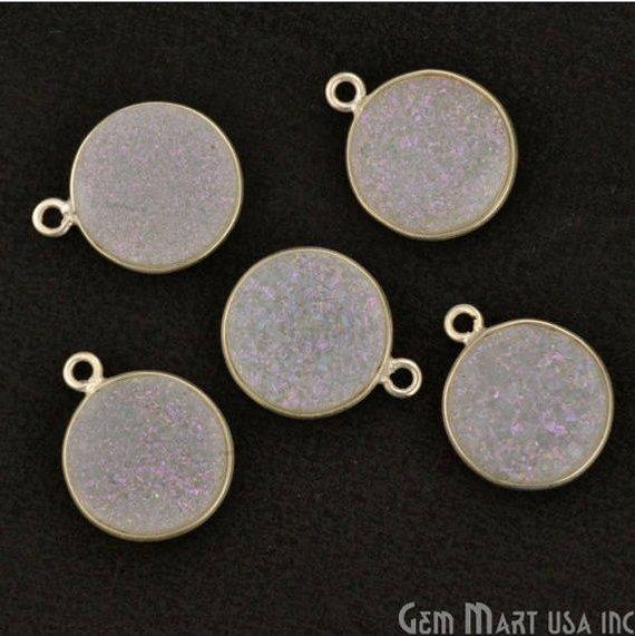Natural Titanium Silver Druzy 12mm Round Single Bail Bezel Gemstone Connector