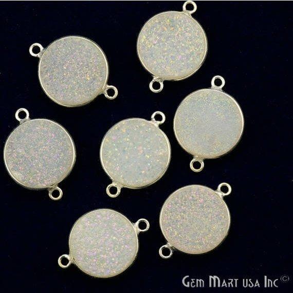 Natural Titanium Druzy 14mm Round Silver Double Bail Gemstone Connector