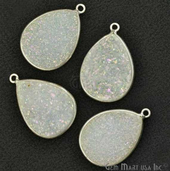 White Titanium Druzy 15x20mm Pears Bezel Gemstone Connector (Pick Your Bail, Plating) - GemMartUSA