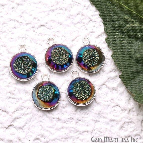 Window Druzy 10mm Round Shape Bezel Cave Druzy Gemstone Connector (Pick Your Color, Bail, Plating) - GemMartUSA