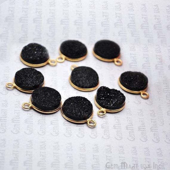 Natural Titanium Druzy 14mm Round Gold Single Bail Gemstone Connector