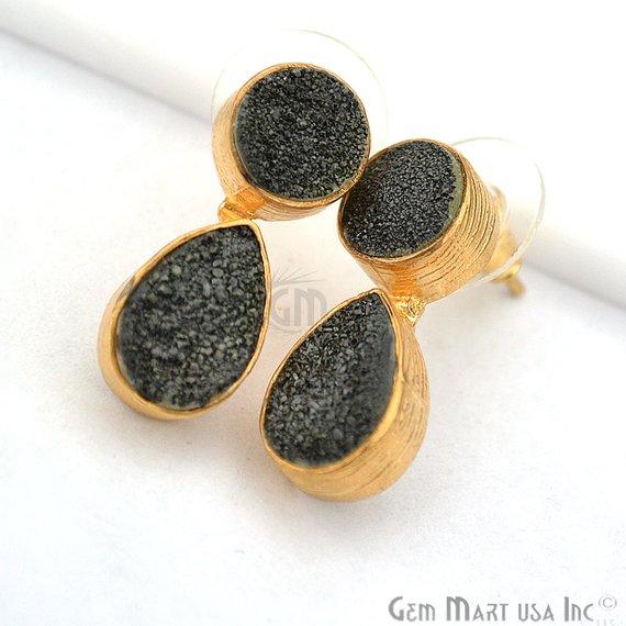 Double Druzy 24x9mm Gold Plated Dangle Stud Earrings (Pick your Gemstone) (90148-1) - GemMartUSA