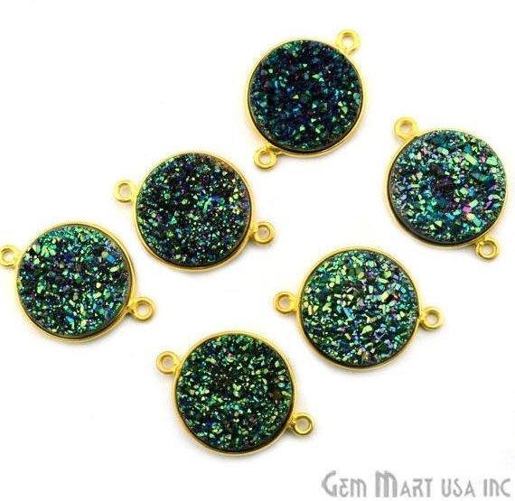 Natural Titanium Druzy 16mm Round Double Bail Gold Gemstone Connector