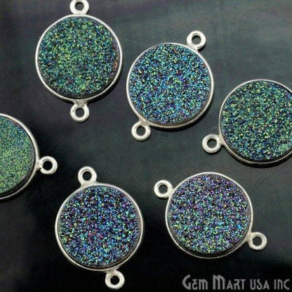 Natural Titanium Druzy 14mm Round Silver Double Bail Gemstone Connector