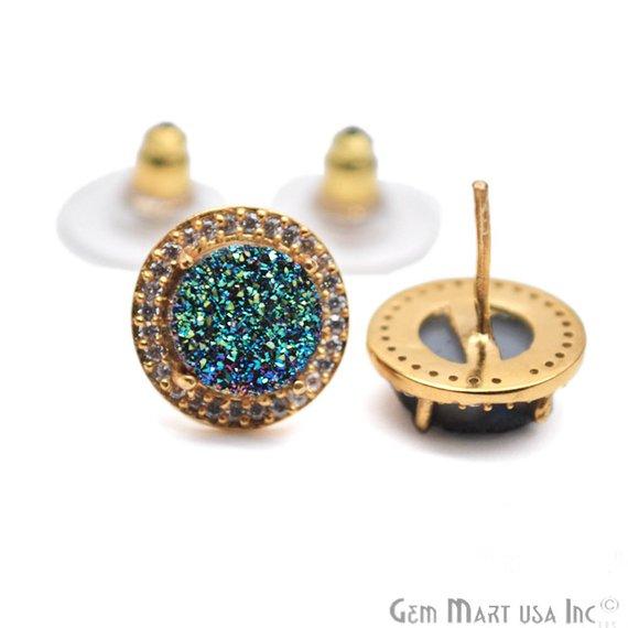 Round Shape 8mm Gold Plated Cubic Zircon Druzy Stud Earrings (Pick your Gemstone) (90036-1) - GemMartUSA