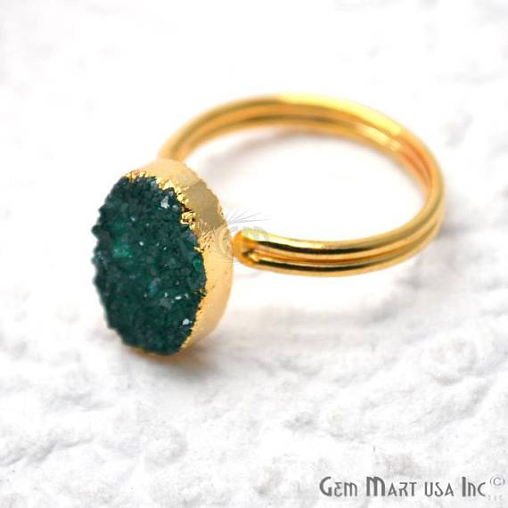 Gold Electroplated 10x14mm Oval Shape Druzy Adjustable Statement Ring (12017) - GemMartUSA